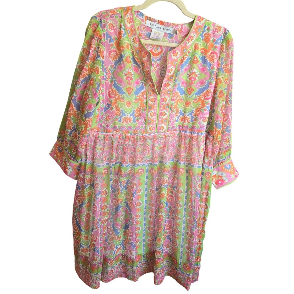 Gretchen Scott Borderline Watteau Dress Multicolor 3/4 Sleeve Preppy Airy Medium